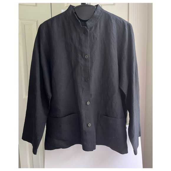 Eileen Fisher Linen Black Jacket Boxy Fit Cropped Length Front Pockets, Size Mp - Picture 15 of 16